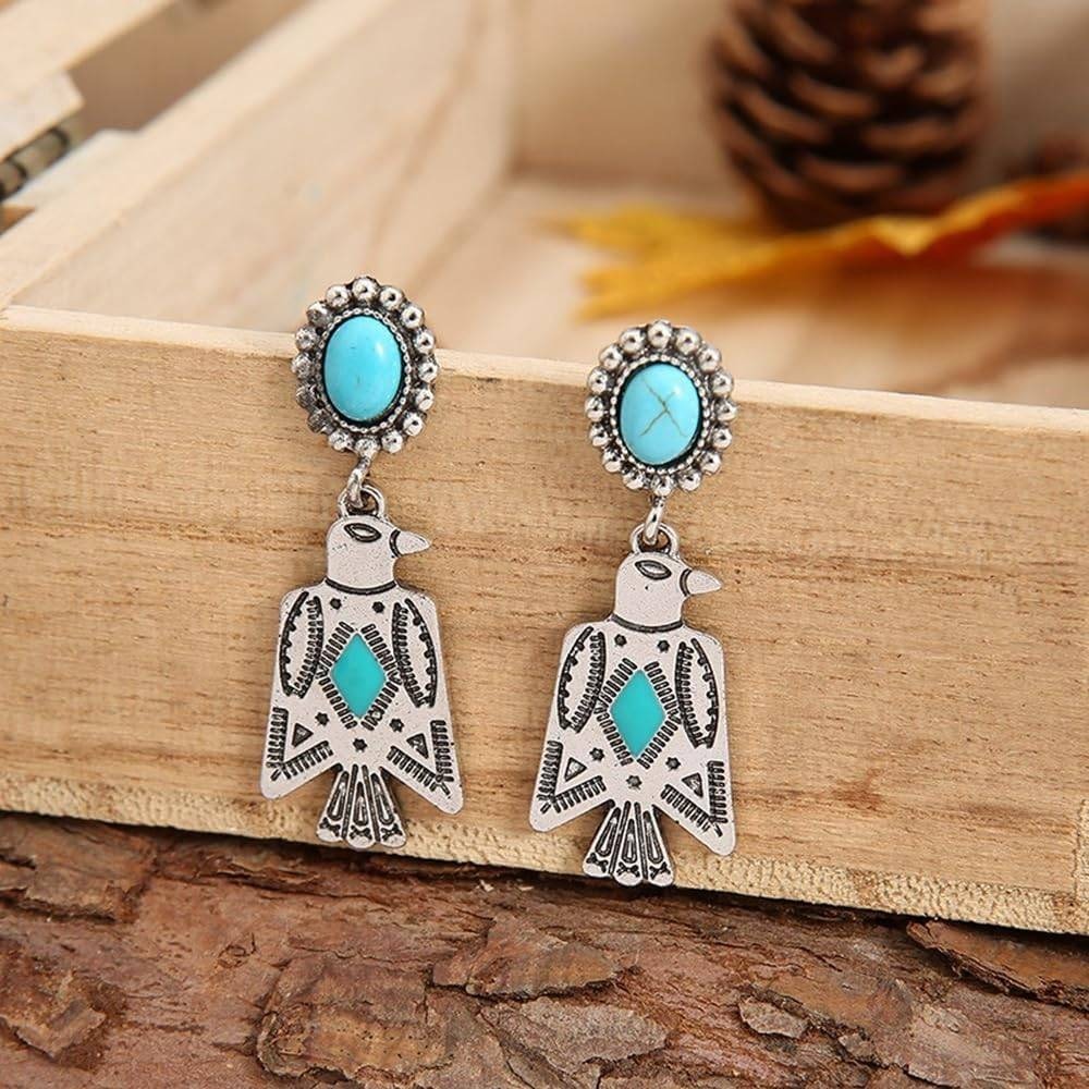 Boho bird Turquoise Drop Earrings aztec Southwestern Silver Tone Tribal‎ Jewelry - Picture 3 of 3